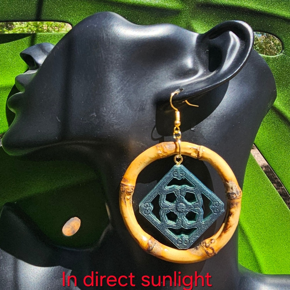 Handmade Burned Knuckles Bamboo Hoop Jade Tile Earrings Shimmery Tiki Statement